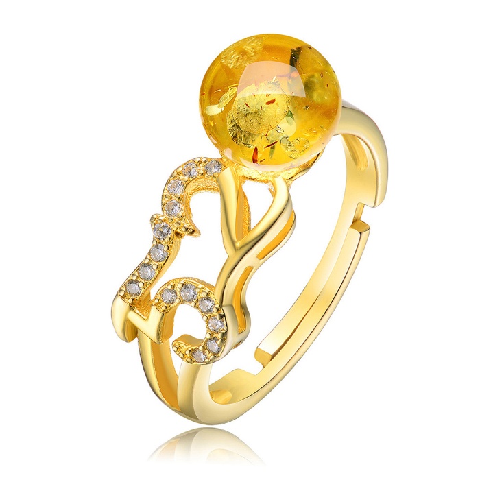 老庙黄金 波罗的海银镀金花 活口可调节 琥珀戒指