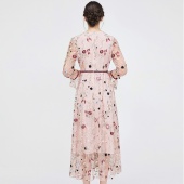 洛诗琳 专柜同款 网纱刺绣拼贴 散口袖连衣裙