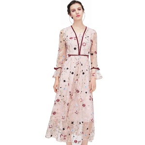 洛诗琳 专柜同款 网纱刺绣拼贴 散口袖连衣裙