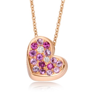 老庙黄金 18K金 粉红宝石 心型项链