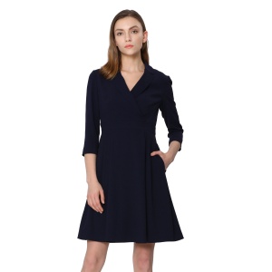 朗姿 三醋纤 七分袖 A字裙 优雅西装V领 收腰连衣裙