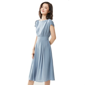拉夏贝尔 夏季新款 一字领 气质简约 通勤职场干练 雪纺短袖连衣裙
